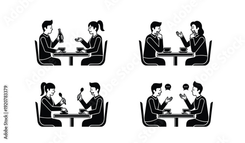 Black and white illustrations of business colleagues in various meeting and discussion scenarios at a table