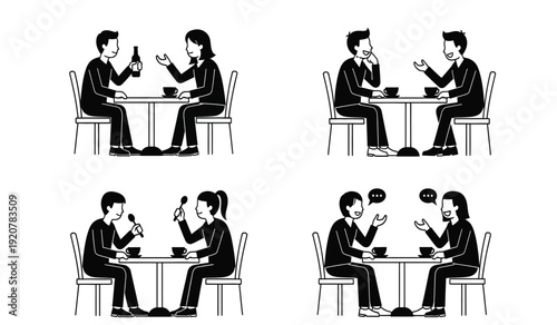 Black and white illustration of four different scenes of two businessmen sitting at a table in various conversation and reaction poses