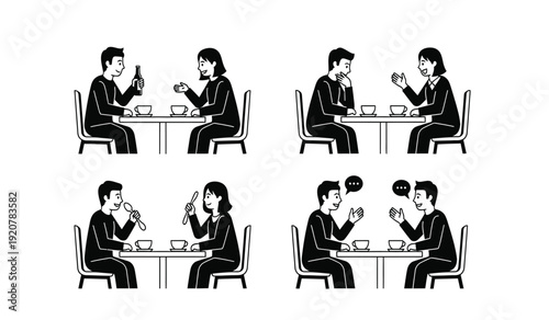 Black and white illustration set of business colleagues eating at restaurant tables in different positions and interacting