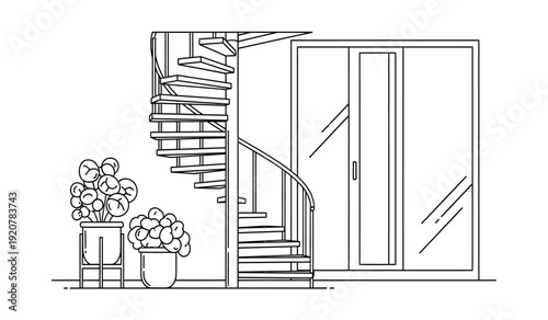 A line drawing of a staircase with potted plants on a landing next to a closet