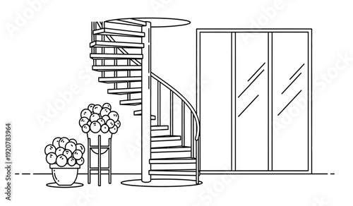 A black and white line drawing of a spiral staircase next to a sliding glass door with two potted plants on the left