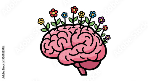 Illustration of a Human Brain with Flowers Growing Out of the Top Symbolizing Growth and Mental Wellness