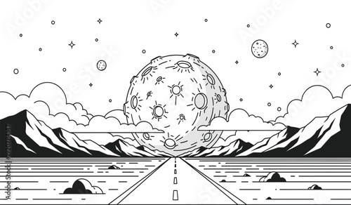 Black and white illustration of a large moon with stars and planets in the sky above mountains and a road leading to the horizon