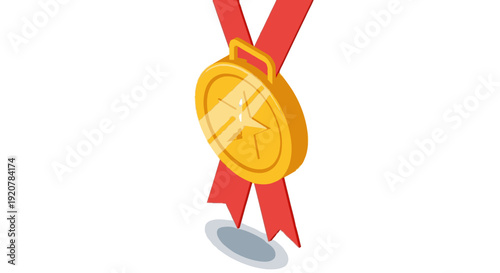 A golden medal with red ribbon hanging down, symbolizing achievement, victory, and excellence in a competitive event or contest