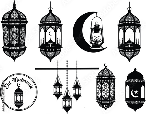 Eid mubarak lanterns and crescent moon decorative elements