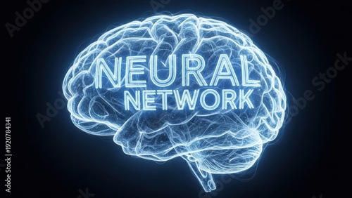 Glowing neural network illustration in human brain shape with text