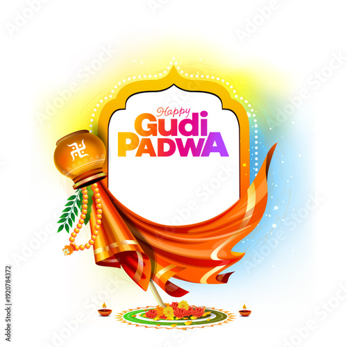 Gudi Padwa festive wish card background. Indian hindu New Year spring design with victory flag and kalash pot.