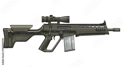 Detailed illustration of a modern military rifle with a mounted scope, ready for action.