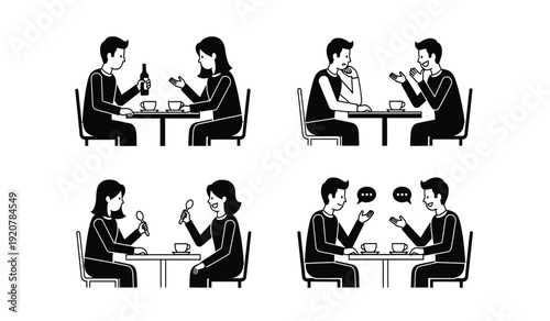 Black and white illustration set of business colleagues dining and drinking at restaurant tables in various poses and interactions