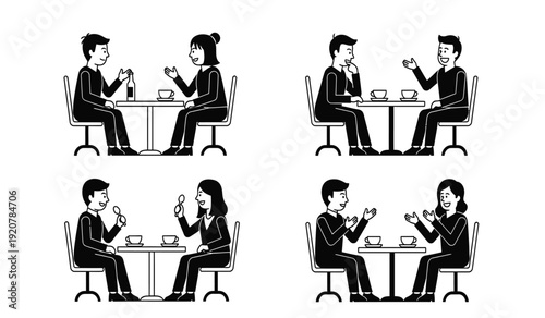 Business colleagues sitting at a table and eating food in a restaurant or office setting with various interactions