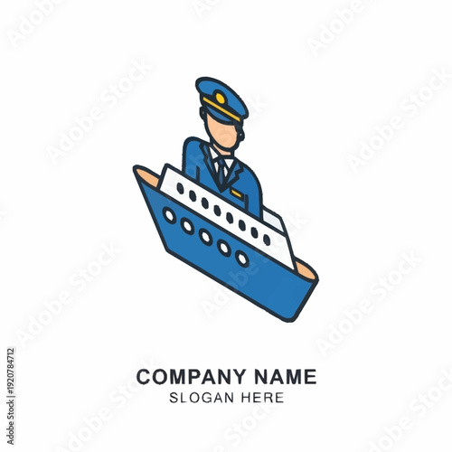 Cartoon cruise ship captain illustration with company name placeholder.