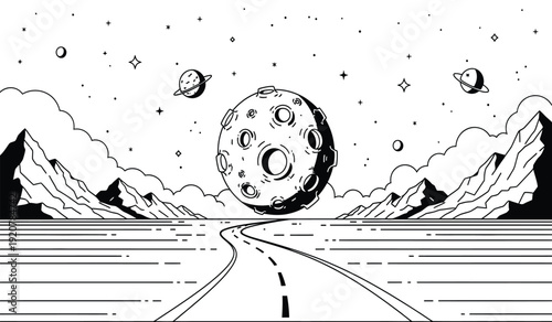 A black and white illustration of a road leading to a large moon with planets and stars in the sky