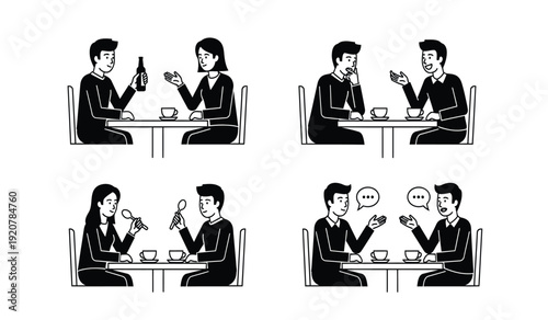 Four black and white illustrations of business colleagues dining in a restaurant setting