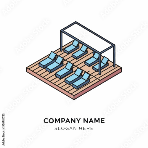 Isometric illustration of a wooden deck with lounge chairs and canopy.