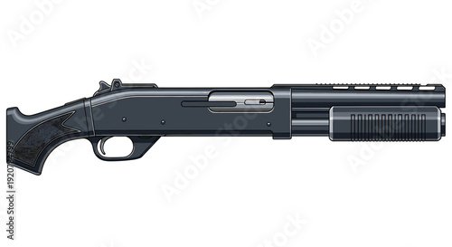 A detailed illustration of a black pump-action shotgun against a white background.