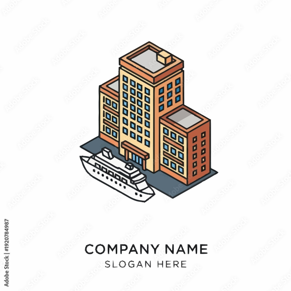 Fototapeta premium Isometric illustration of a modern office building with a cruise ship docked beside it.