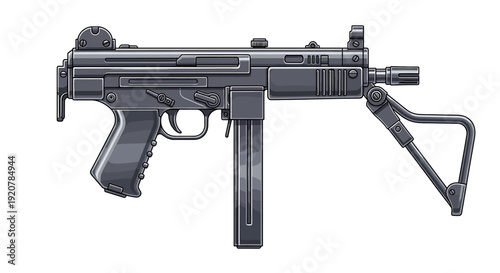 A detailed illustration of a compact, black submachine gun, side view.