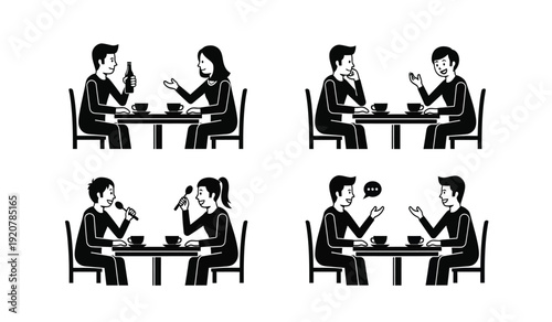 Black and white illustration of people sitting at a table eating and drinking in different scenarios