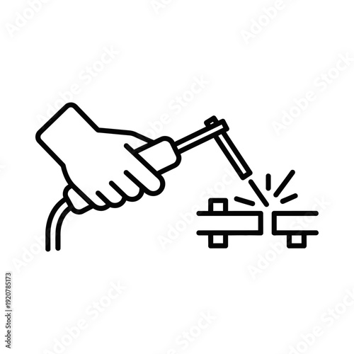 Minimalist black and white vector illustration of a hand operating a mechanical lever with control buttons, ideal for industrial and technical designs.