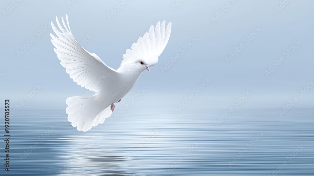 Fototapeta premium Dove of peace over calm waters, stylized minimalist representation white dove, flight positioned above reflective water, peaceful serene soft lighting, with copy space