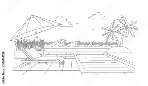 A black and white line drawing of a beach scene with a lounge chair, umbrella, and palm trees near a swimming pool on a sunny day