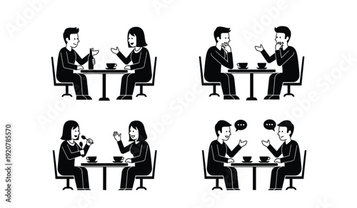 Four black and white illustrations of business people sitting at a table talking to each other in different conversation scenarios