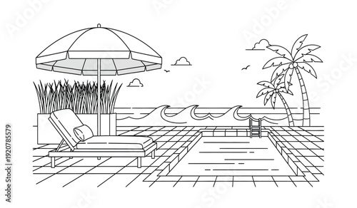 A black and white line drawing of a beach scene with a lounge chair, umbrella, and palm tree on a deck