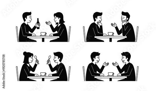 Black and white illustration set of people sitting at a table and drinking coffee or tea while talking to each other in various conversation positions