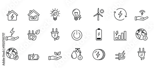 Collection of 21 energy saving and green power vector icons set with eco friendly sustainability symbols for smart home app and environmental website UI UX design