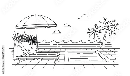 A black and white line drawing of a beach scene with a palm tree, umbrella, and lounge chair by the pool