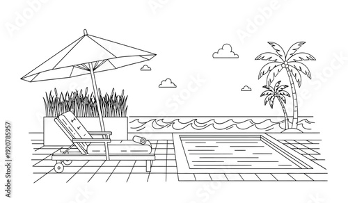 A black and white line drawing of a poolside scene with umbrella and palm tree on a sunny day with clouds