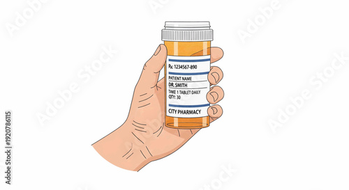 Hand holding a prescription pill bottle with a label, representing medication, pharmacy, and healthcare.