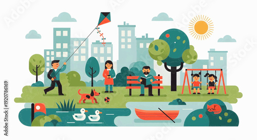 City park scene with diverse people enjoying activities like kite flying, reading, and children on a swing set.