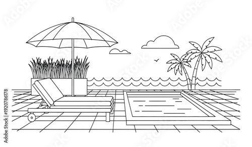 A serene poolside scene with a lounge chair, umbrella, and palm tree by the ocean on a sunny day with a few clouds