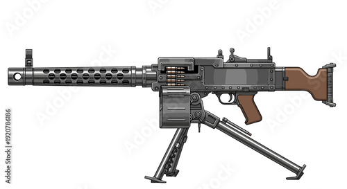 Illustration of a vintage machine gun with a bipod stand, presented on a clean white background.