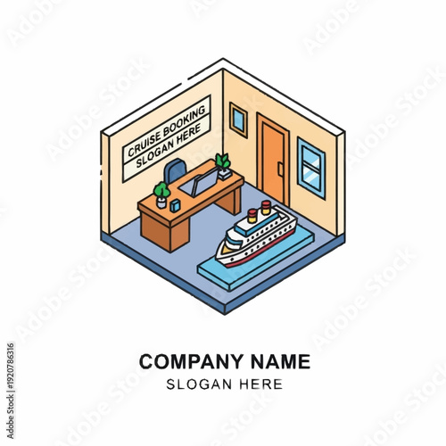 Isometric illustration of a modern office space with desk and chair.