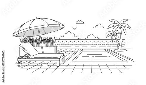 A black and white line drawing of a beach scene with a pool lounge chair and umbrella