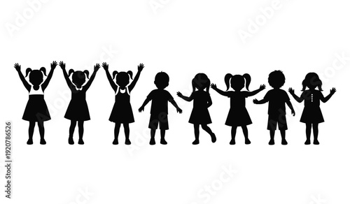 A group of happy children holding hands in a line