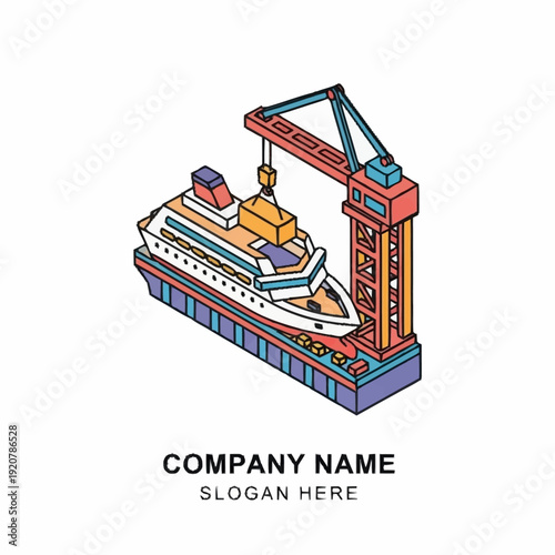 Isometric illustration of a shipyard with crane and vessel under construction.