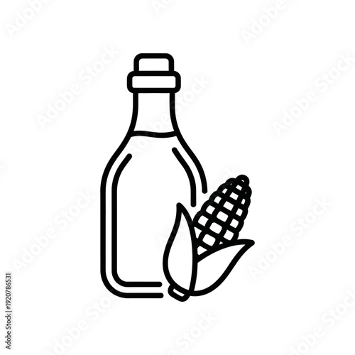 Corn Oil Bottle with Corn Cob and Leaves Simple Line Art