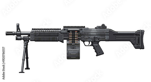 A detailed view of a black machine gun, featuring a bipod, ammo belt, and stock, against a white background.