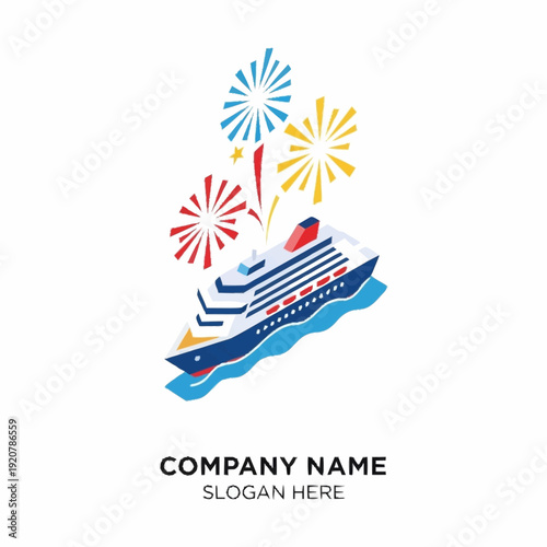 Cruise Ship Celebration with Fireworks Logo Design Template.