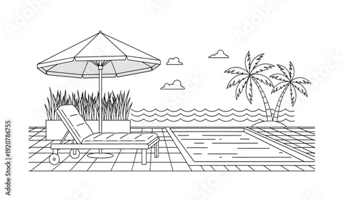 A black and white line drawing of a beach scene with a lounge chair and umbrella on a deck next to a pool with palm trees and ocean in the background