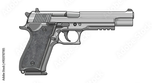 Silver handgun, side view, with textured grip, trigger, and barrel details against a white background.