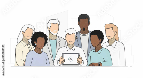 Diverse group of people holding a tablet with a letter A, symbolizing teamwork, collaboration, and unity in business.