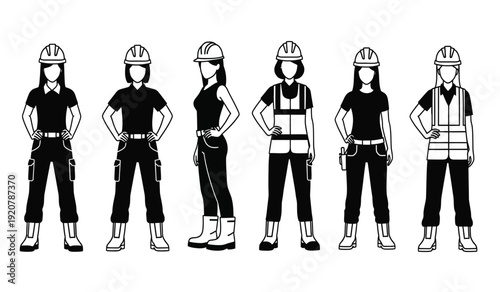 Six construction workers wearing safety gear and hard hats standing in a row