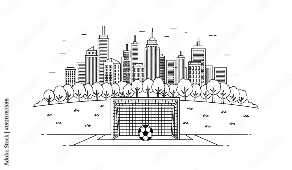 Fototapeta premium Black and white illustration of a soccer goal in front of a city skyline with trees and buildings in the background