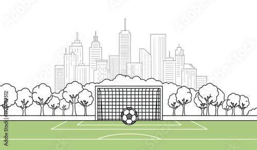 A soccer goal on a green field with a city skyline in the background, illustration of a sports scene with a ball flying into the net