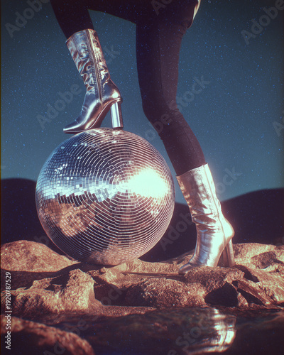 Surreal Disco Ball Scene with Silver Boots and Starry Sky