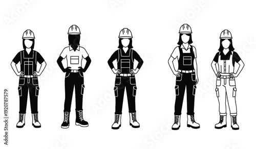 Five construction workers wearing different uniforms and hard hats standing in a row